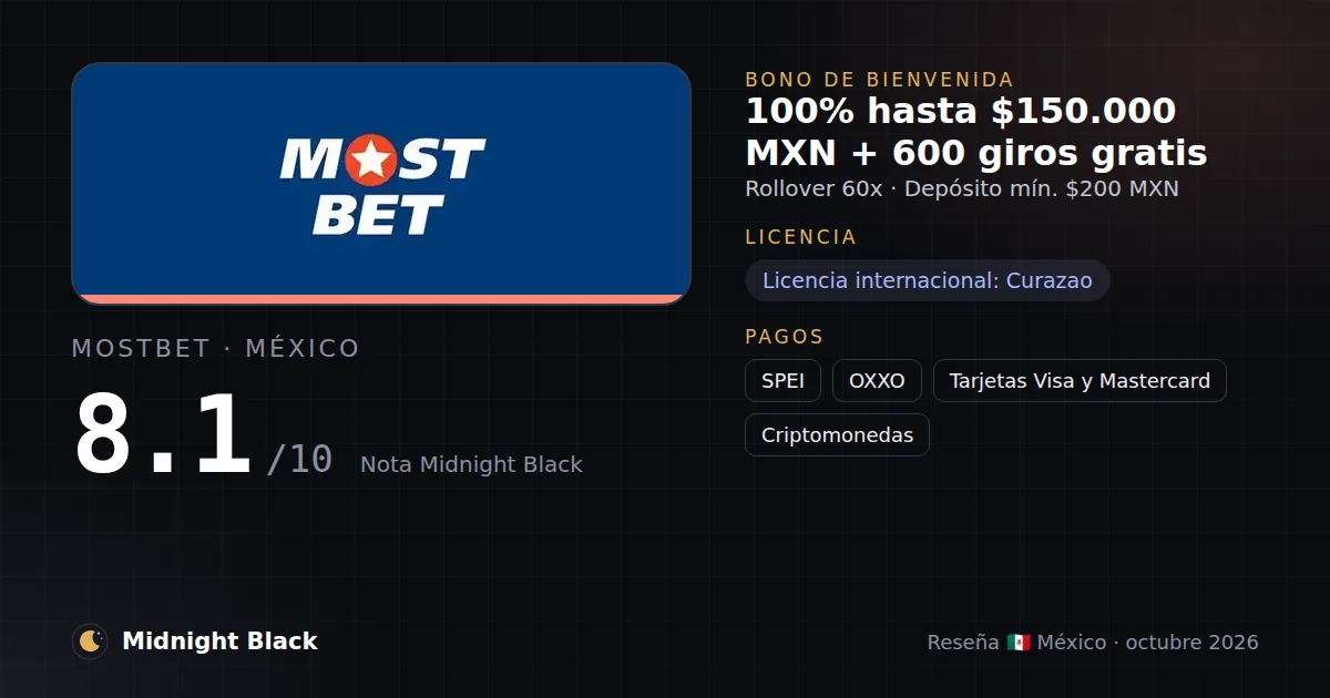 Mostbet en México: bono, licencia y métodos de pago (resumen Midnight Black, 15/10/2026)