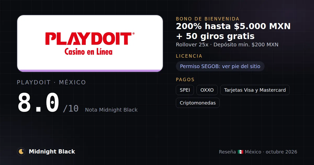 Playdoit en México: bono, licencia y métodos de pago (resumen Midnight Black, 15/10/2026)