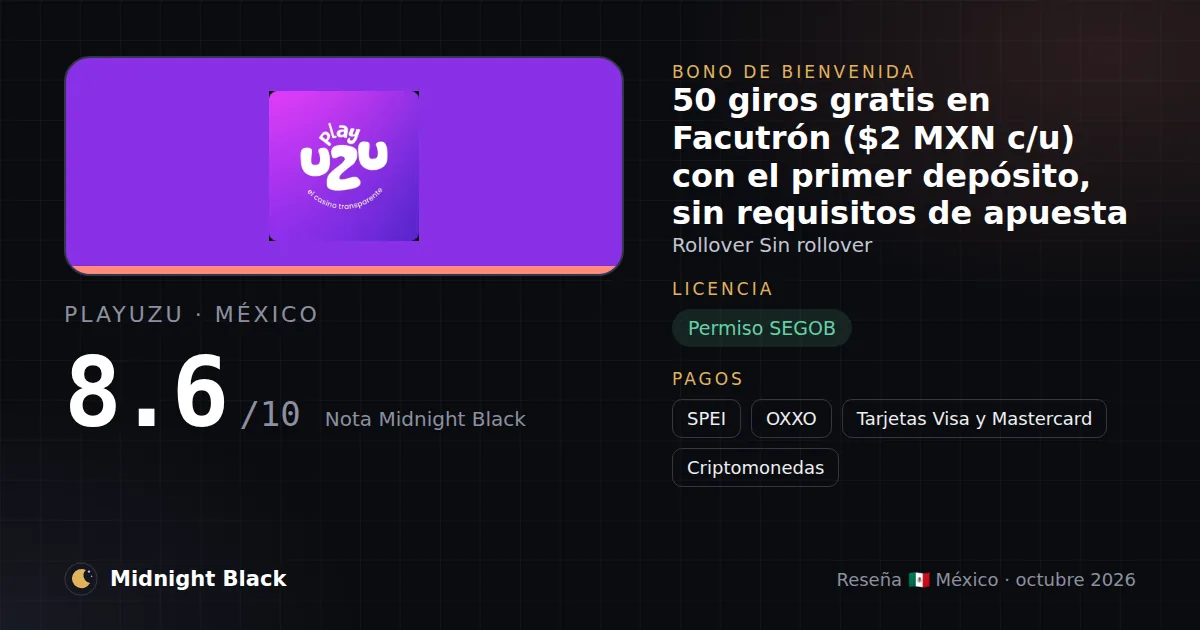 PlayUZU en México: bono, licencia y métodos de pago (resumen Midnight Black, 15/10/2026)