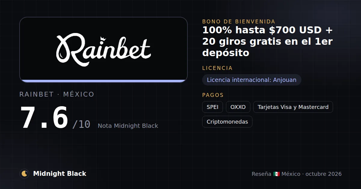 Rainbet en México: bono, licencia y métodos de pago (resumen Midnight Black, 22/10/2026)