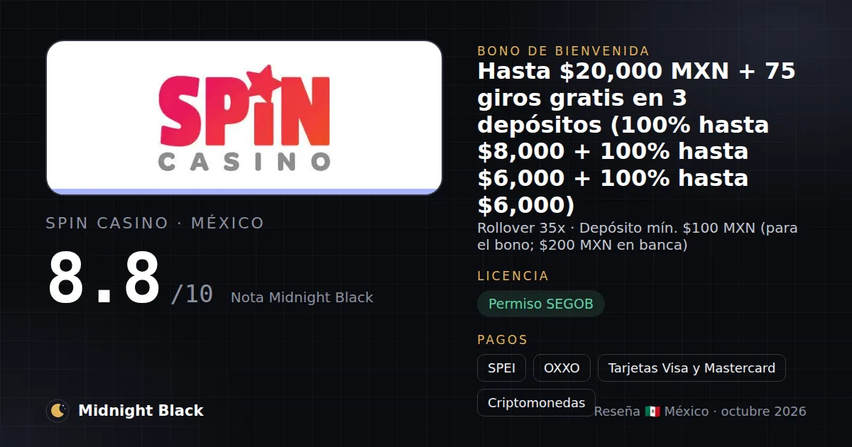 Spin Casino en México: bono, licencia y métodos de pago (resumen Midnight Black, 15/10/2026)
