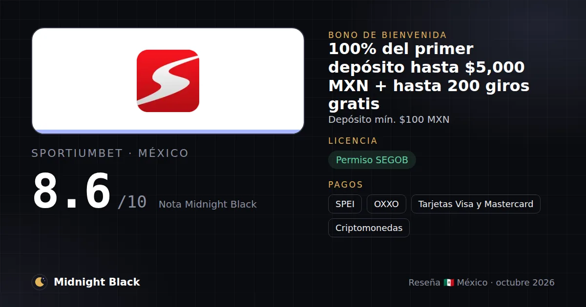 Sportiumbet en México: bono, licencia y métodos de pago (resumen Midnight Black, 15/10/2026)
