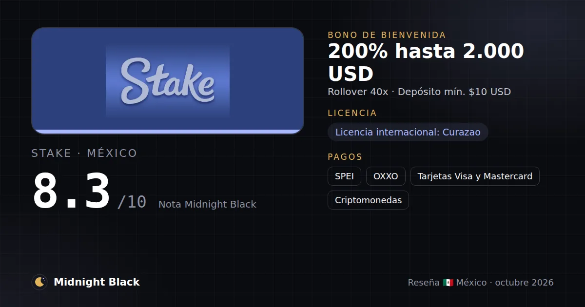 Stake en México: bono, licencia y métodos de pago (resumen Midnight Black, 15/10/2026)