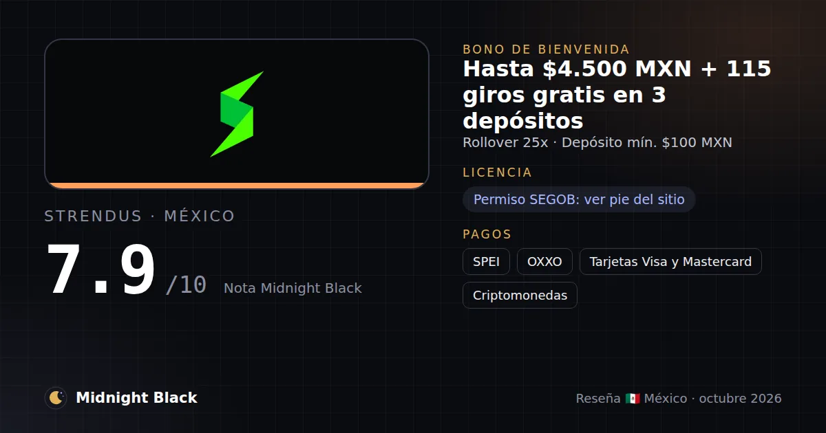 Strendus en México: bono, licencia y métodos de pago (resumen Midnight Black, 15/10/2026)