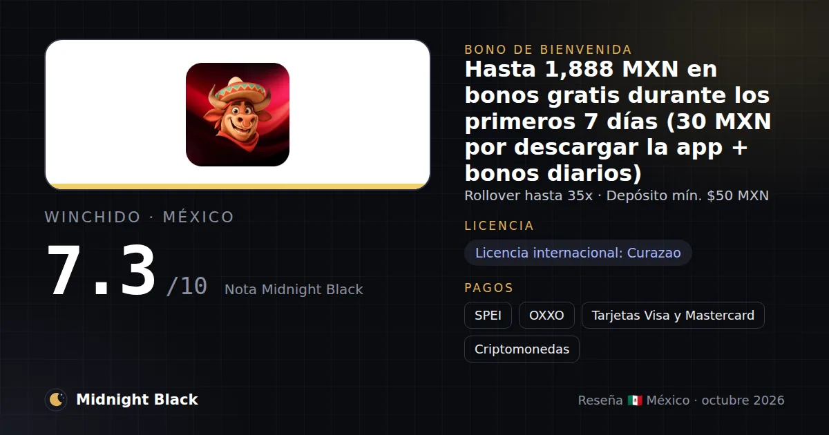 Winchido en México: bono, licencia y métodos de pago (resumen Midnight Black, 15/10/2026)