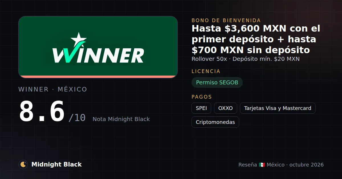 Winner en México: bono, licencia y métodos de pago (resumen Midnight Black, 15/10/2026)