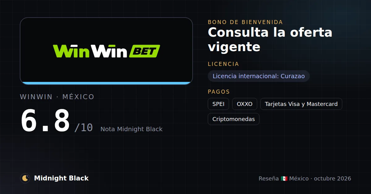 WinWin en México: bono, licencia y métodos de pago (resumen Midnight Black, 21/10/2026)