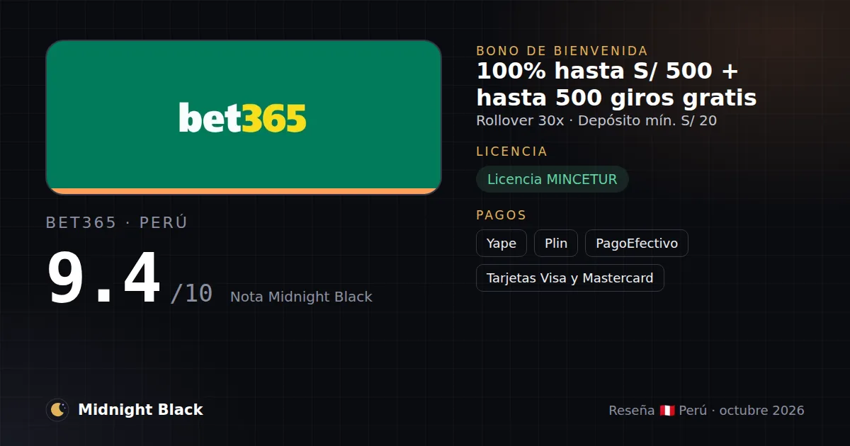 bet365 en Perú: bono, licencia y métodos de pago (resumen Midnight Black, 15/10/2026)