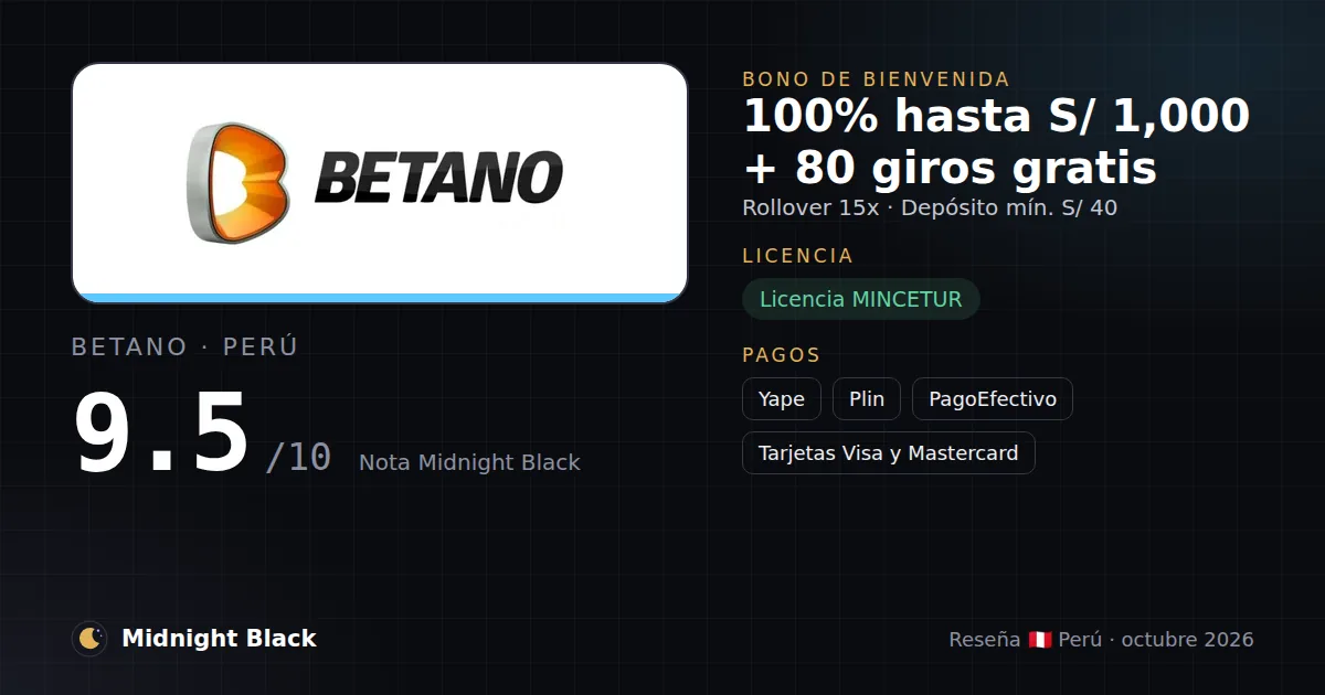 Betano en Perú: bono, licencia y métodos de pago (resumen Midnight Black, 15/10/2026)