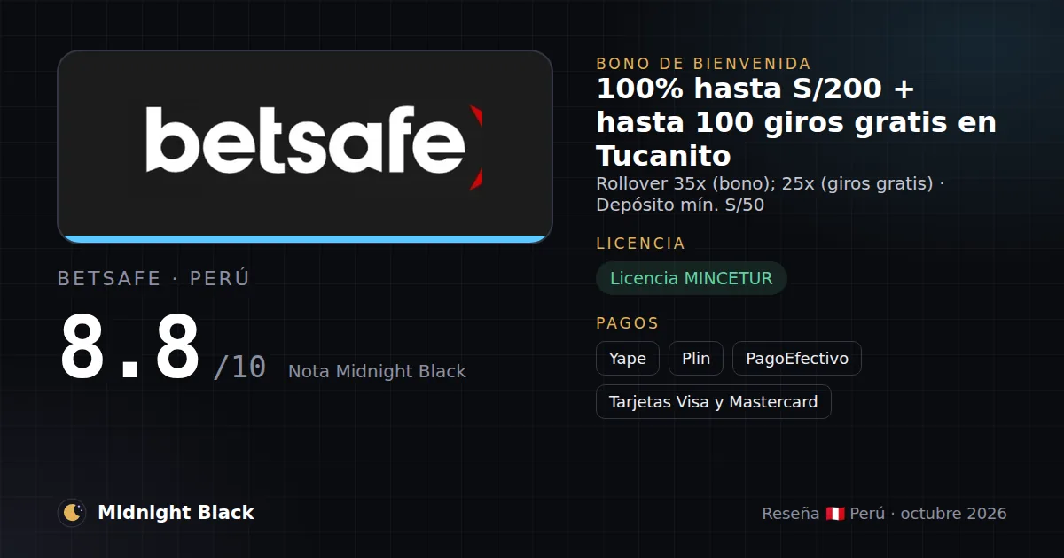 Betsafe en Perú: bono, licencia y métodos de pago (resumen Midnight Black, 15/10/2026)