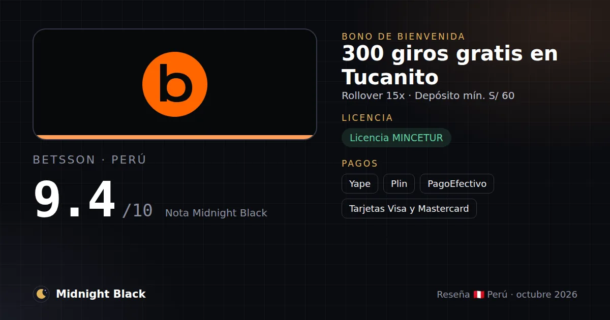 Betsson en Perú: bono, licencia y métodos de pago (resumen Midnight Black, 15/10/2026)