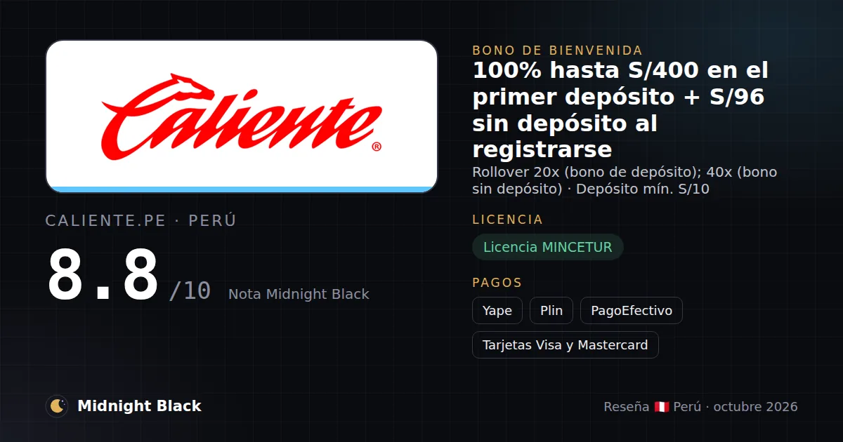 Caliente.pe en Perú: bono, licencia y métodos de pago (resumen Midnight Black, 15/10/2026)