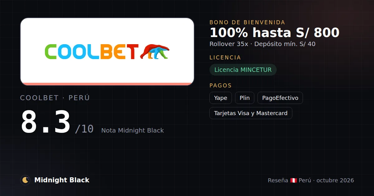 Coolbet en Perú: bono, licencia y métodos de pago (resumen Midnight Black, 15/10/2026)