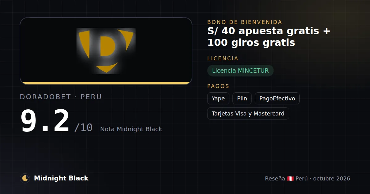 Doradobet en Perú: bono, licencia y métodos de pago (resumen Midnight Black, 15/10/2026)