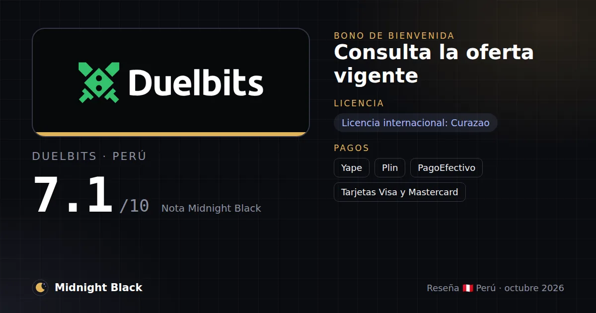 Duelbits en Perú: bono, licencia y métodos de pago (resumen Midnight Black, 21/10/2026)