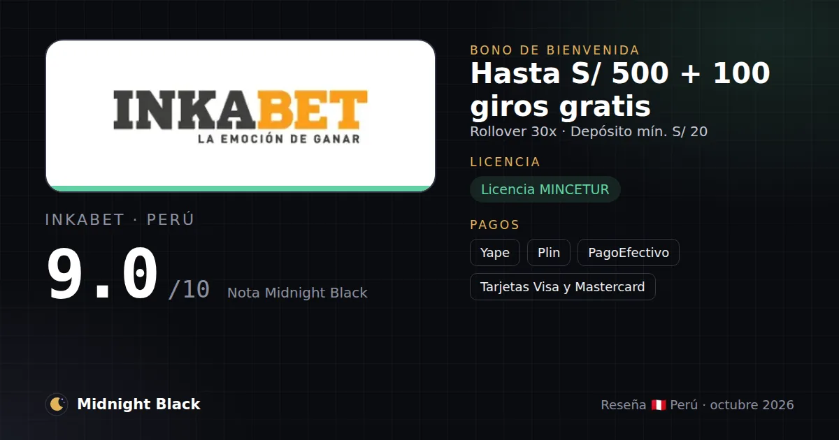 Inkabet en Perú: bono, licencia y métodos de pago (resumen Midnight Black, 15/10/2026)
