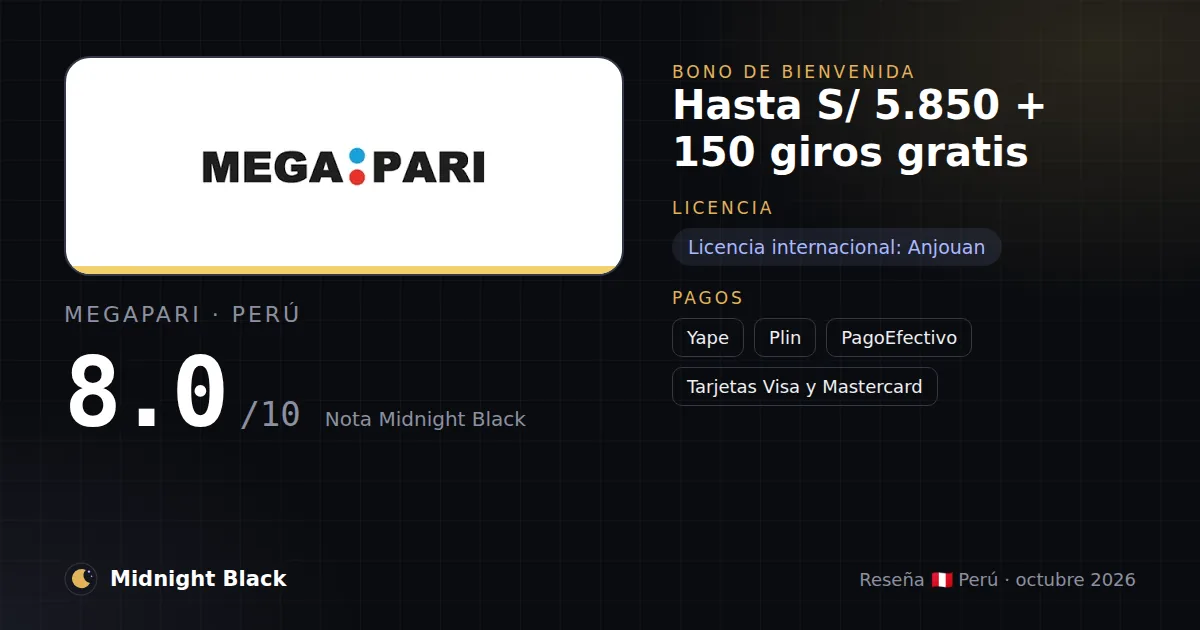 Megapari en Perú: bono, licencia y métodos de pago (resumen Midnight Black, 15/10/2026)
