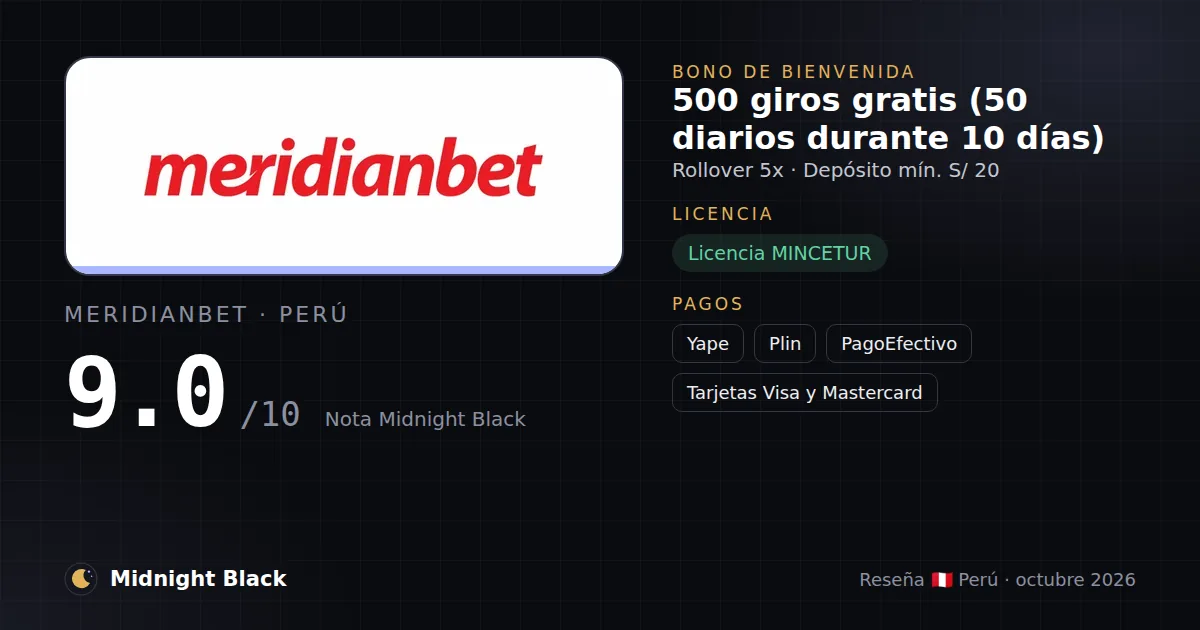 Meridianbet en Perú: bono, licencia y métodos de pago (resumen Midnight Black, 15/10/2026)