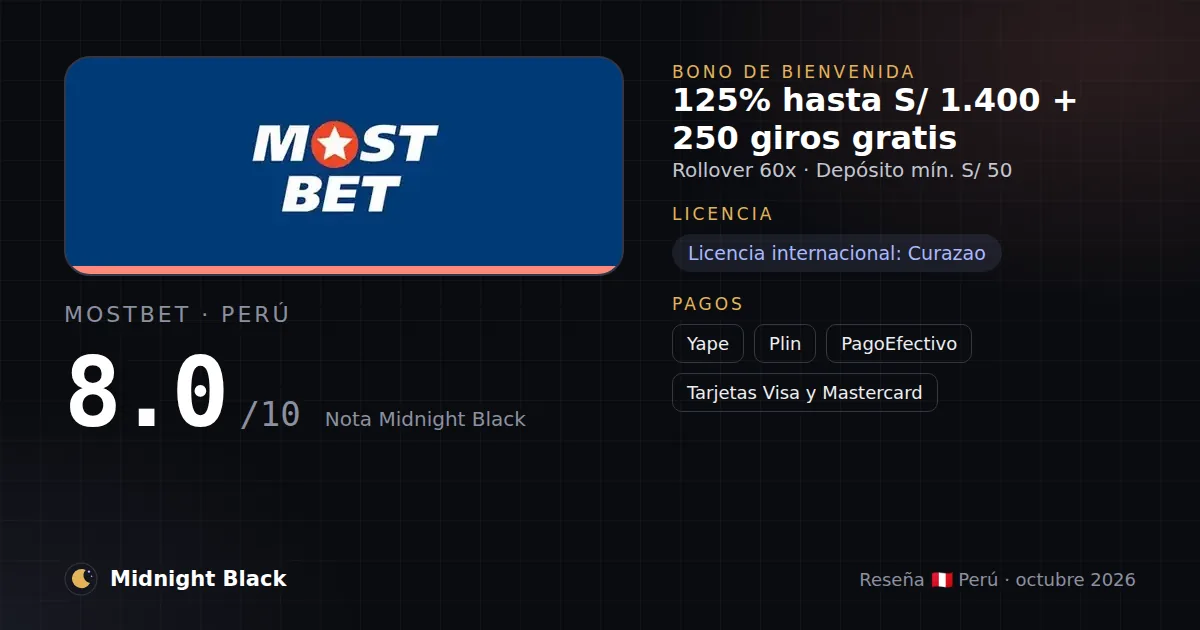 Mostbet en Perú: bono, licencia y métodos de pago (resumen Midnight Black, 15/10/2026)