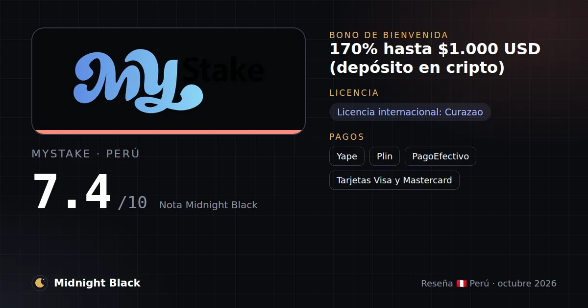 MyStake en Perú: bono, licencia y métodos de pago (resumen Midnight Black, 21/10/2026)