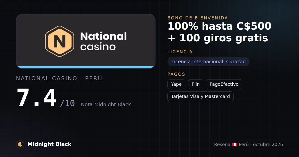 National Casino en Perú: bono, licencia y métodos de pago (resumen Midnight Black, 21/10/2026)