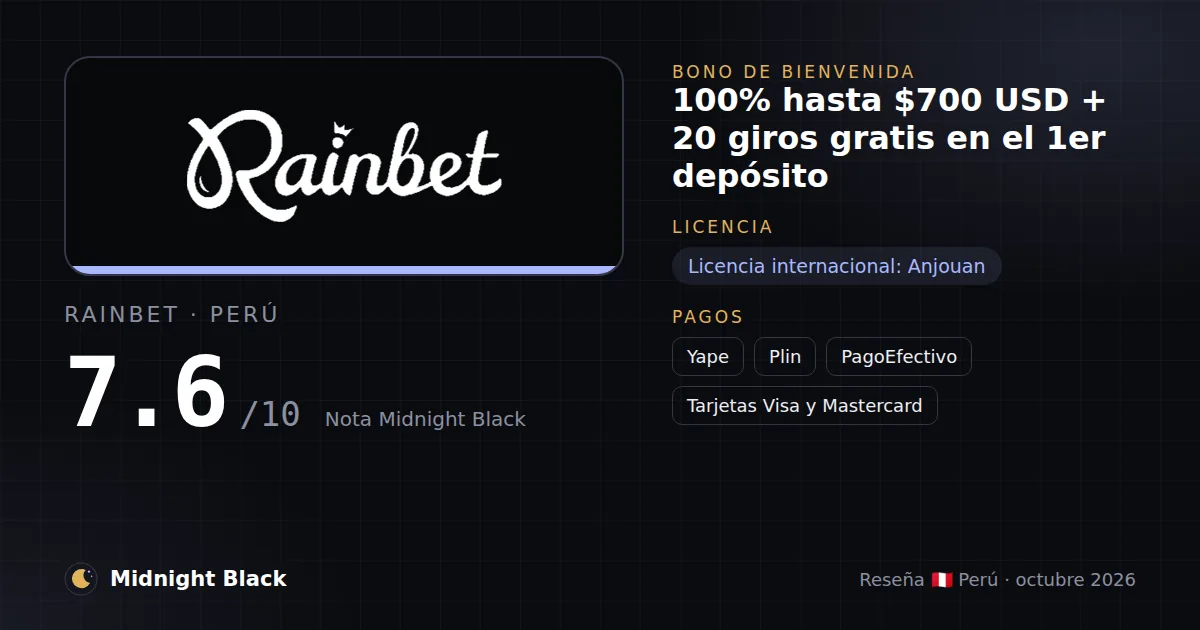 Rainbet en Perú: bono, licencia y métodos de pago (resumen Midnight Black, 22/10/2026)