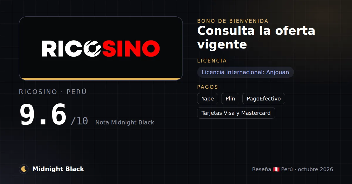 Ricosino en Perú: bono, licencia y métodos de pago (resumen Midnight Black, 15/10/2026)