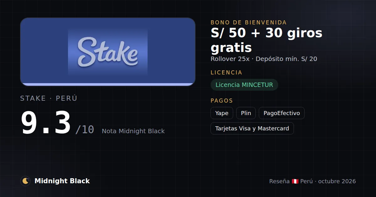Stake en Perú: bono, licencia y métodos de pago (resumen Midnight Black, 15/10/2026)