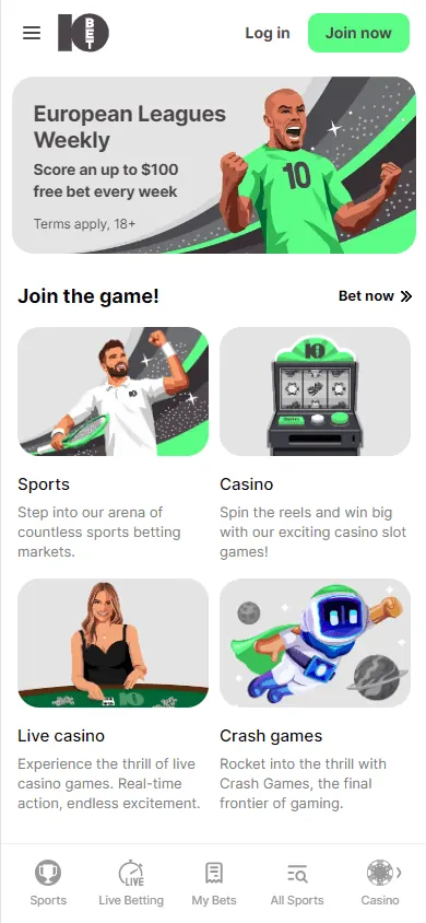 Página principal de 10bet (móvil)