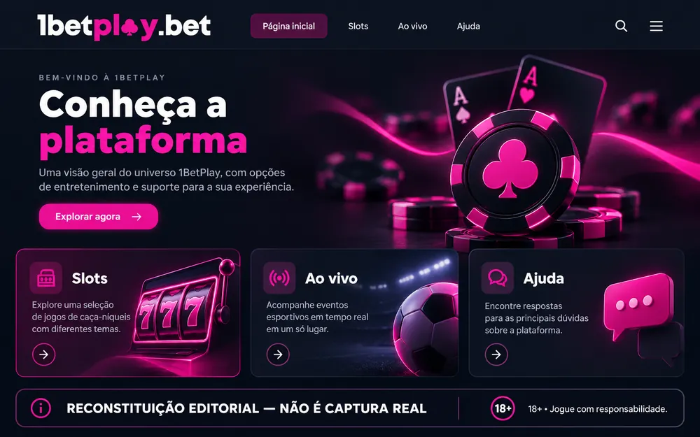 Reconstrução por IA da página inicial da 1BetPlay em português com atalhos para Slots, Ao vivo e Ajuda