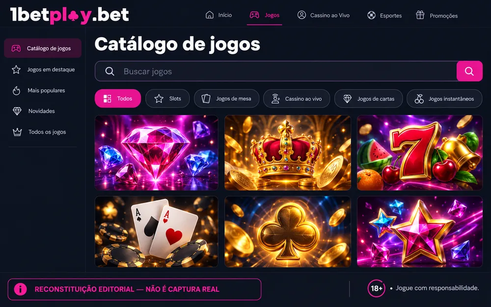 Reconstrução por IA de um catálogo de jogos com filtros e miniaturas genéricas de slots