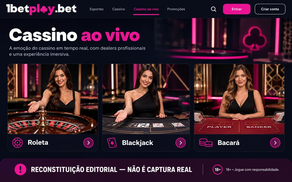 Reconstrução por IA de uma página de cassino ao vivo com roleta, blackjack e bacará