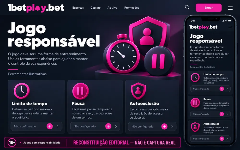 Reconstrução por IA de uma página de jogo responsável com limite de tempo, pausa e autoexclusão