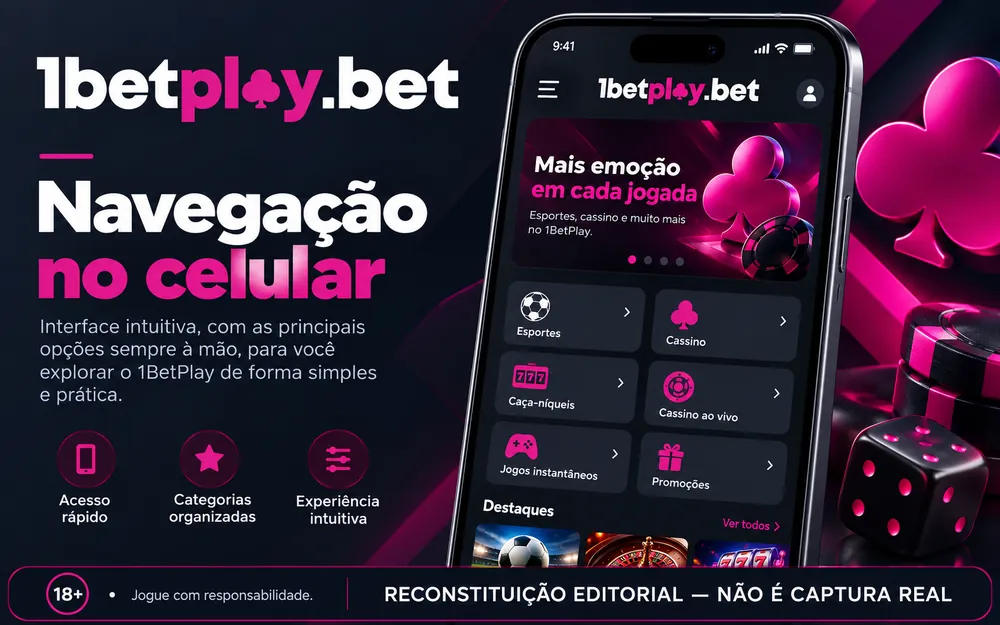 Reconstrução por IA da navegação da 1BetPlay no celular com menu de categorias