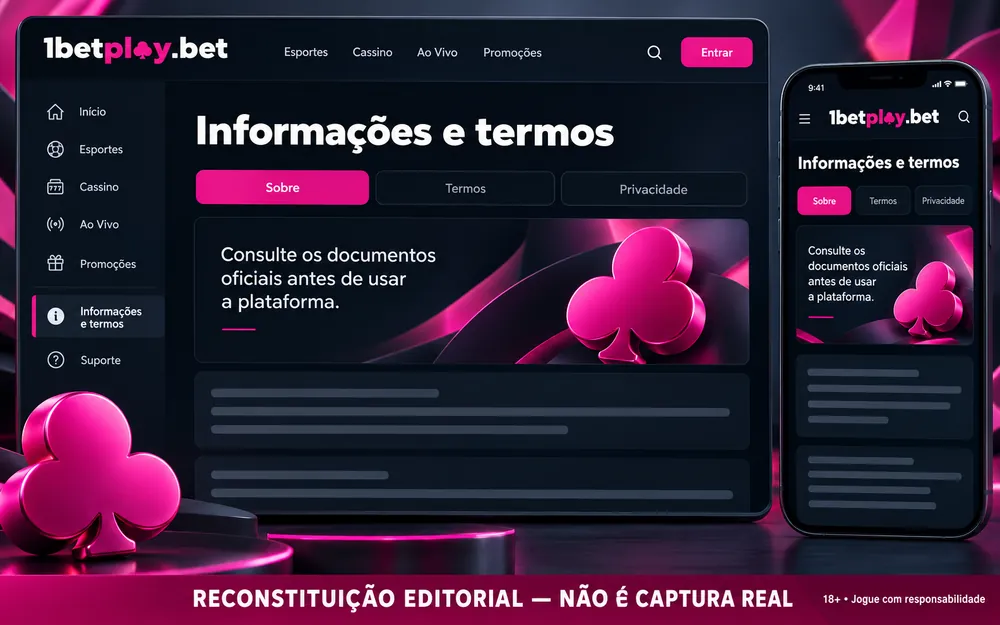 Reconstrução por IA de uma página de informações e termos com abas Sobre, Termos e Privacidade