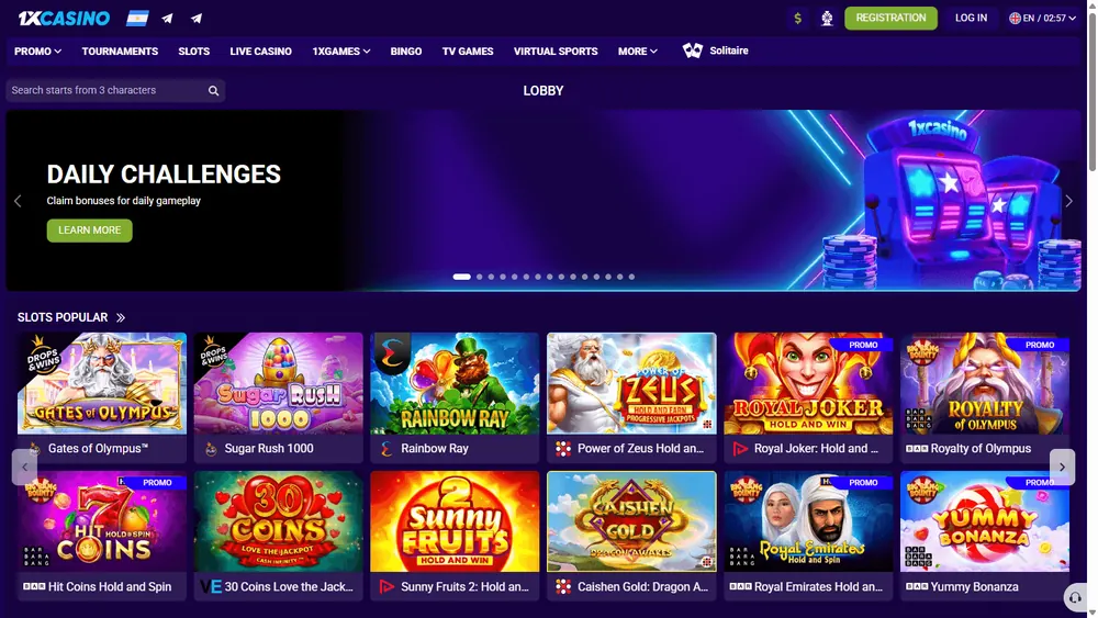 Página inicial de 1xCasino (desktop)