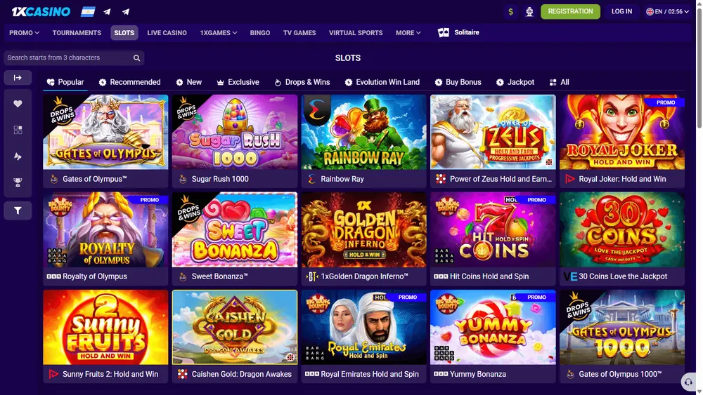 Catálogo de jogos de 1xCasino (desktop)