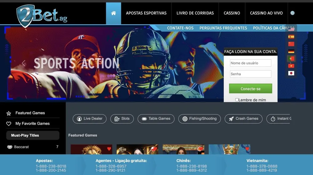 Página inicial do 2bet.ag com banner Sports Action, caixa de login, bandeiras de idiomas e abas de jogos