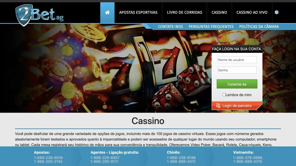 Seção Cassino do 2bet.ag com texto traduzido e caixa de login