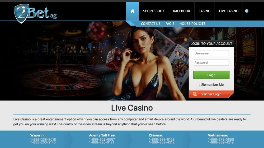 Página Live Casino do 2bet.ag com menu em inglês