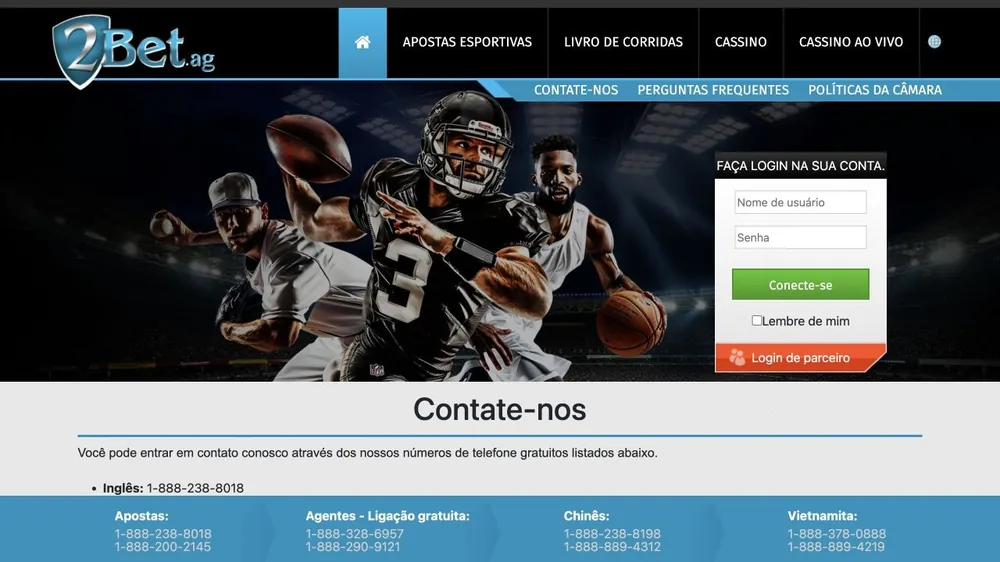 Página Contate-nos do 2bet.ag com lista de telefones gratuitos