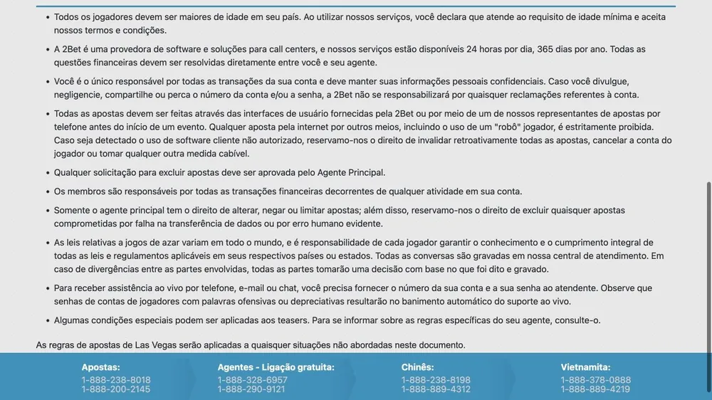 Texto das regras da casa do 2bet.ag sobre agentes, contas e apostas