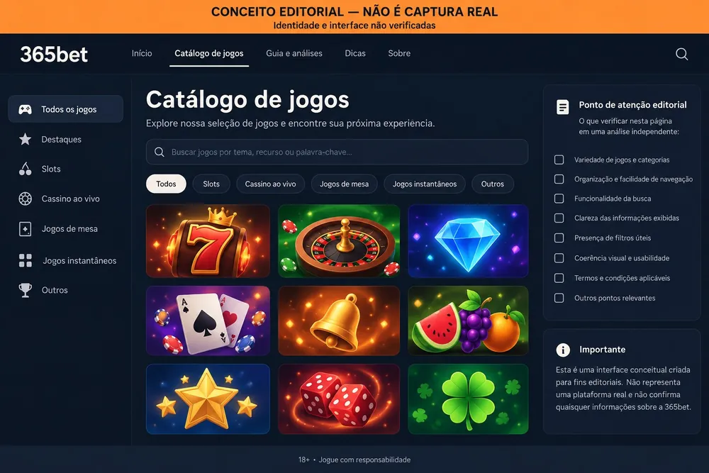 Tela conceitual de catálogo com ícones genéricos de slots e filtros (365bet, ilustração conceitual)