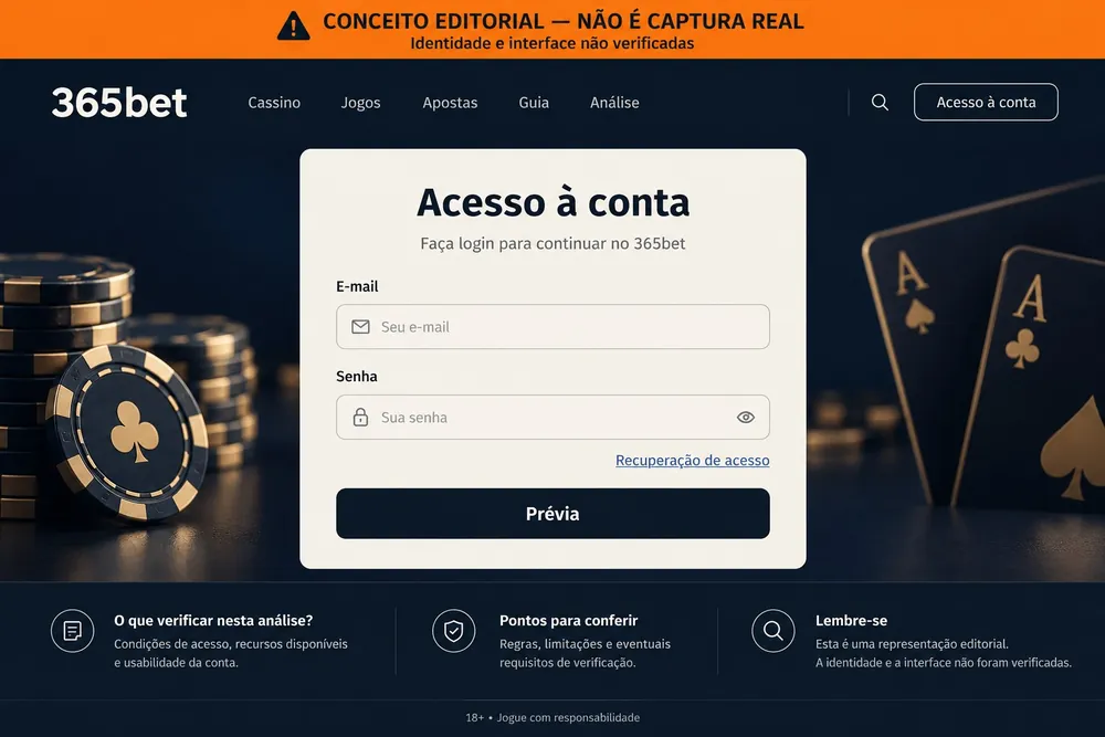 Tela conceitual de login com campos de e-mail e senha vazios (365bet, ilustração conceitual)