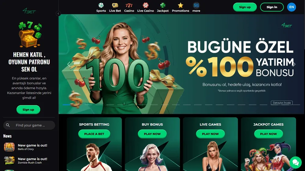 Página inicial do 4Bet no computador com banner em turco de bônus de depósito de 100%