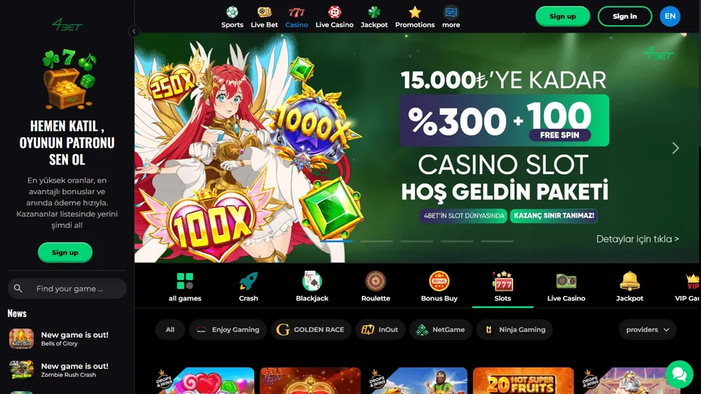 Catálogo de jogos do 4Bet no computador com pacote de boas-vindas de até 15.000 liras