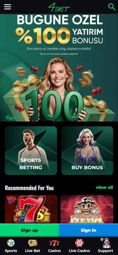Página inicial do 4Bet no celular com banner de bônus e jogos recomendados