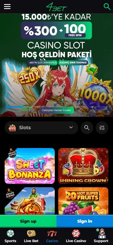 Catálogo de slots do 4Bet no celular com Sweet Bonanza entre os jogos