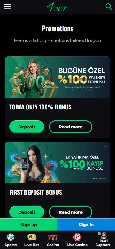 Página de promoções do 4Bet no celular com bônus de depósito e de primeiro depósito