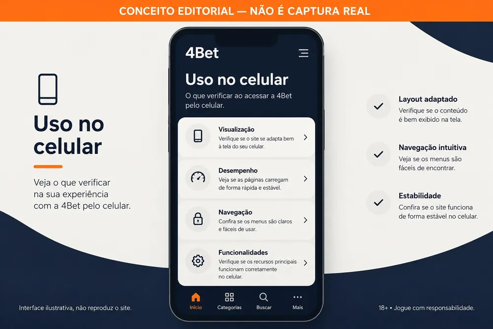 Ilustração conceitual de um celular com tópicos sobre uso do site no navegador